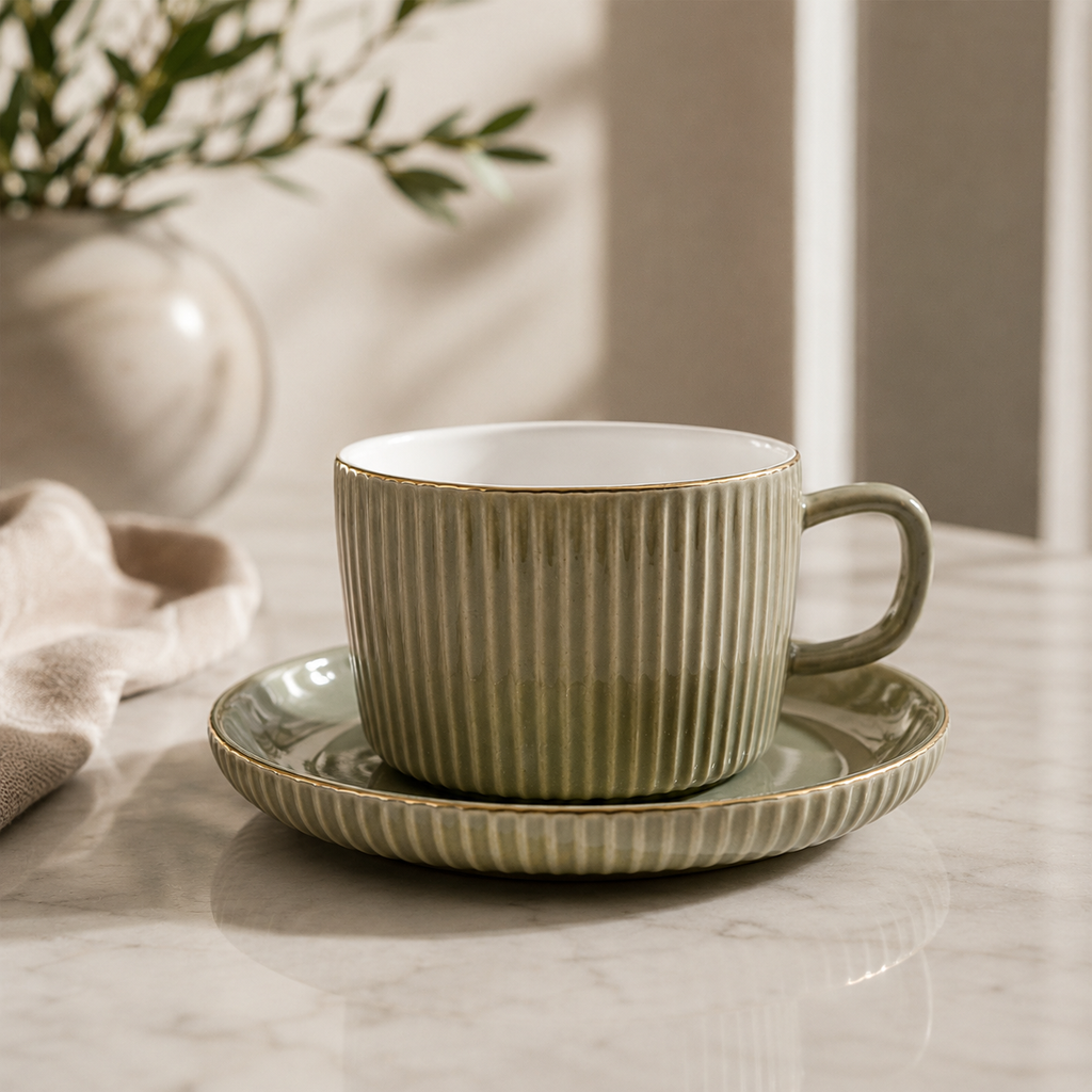 Olive Mist Cups And Saucers